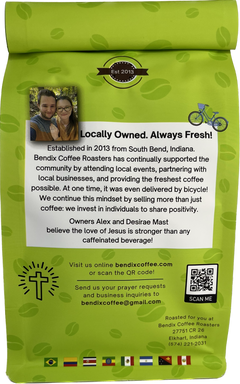 Back of green Bendix bag with roaster story and QR code — Bendix Costa Rica Tarrazu Medium Roast Coffee gallery