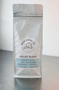 BoJo House Blend bag upright on a metal tabletop