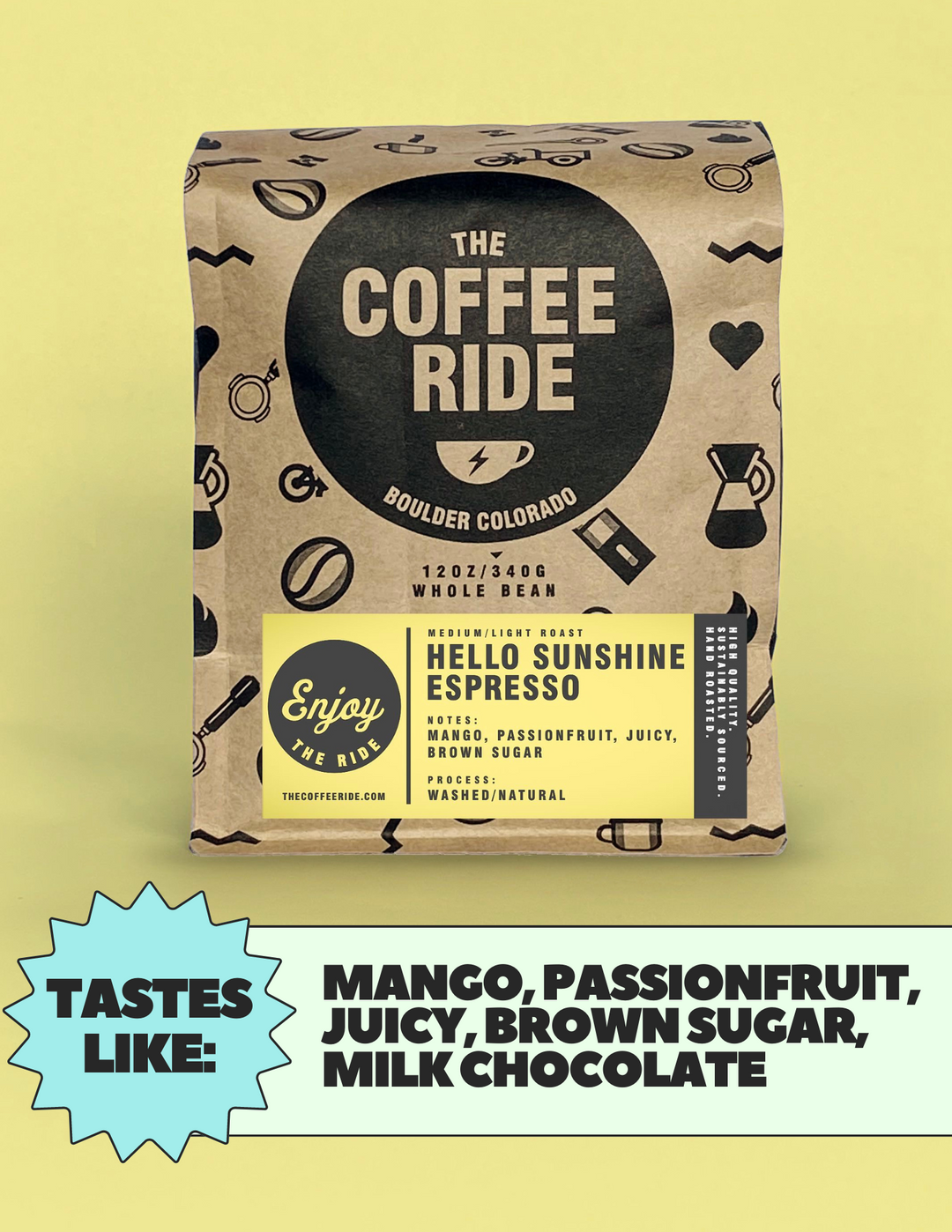 Bag of specialty roast coffee from Blend with notes of Chocolate, Fruity