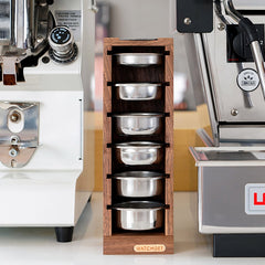 Wood espresso tamping station detail