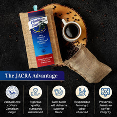 JACRA certification explainer featuring Plantation Blue 12 oz dark ground Jamaica Blue Mountain coffee beside a cup on a wooden board