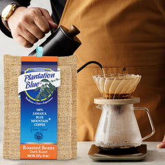 Plantation Blue 8 oz dark whole-bean Jamaica Blue Mountain coffee beside a hand pouring from a black kettle into a filter brewer