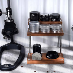 Three-tier walnut coffee utensil organizer detail