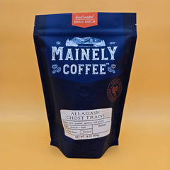 Blue Allagash Ghost Trains blend pouch with Mainely Coffee branding