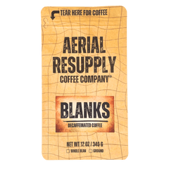 Front label of Aerial Resupply BLANKS decaf coffee