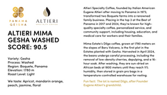 Bean & Bean Altieri Mima Estate Washed Gesha Coffee — Altieri Mima information card with washed Gesha profile, 90.5 score and lot history