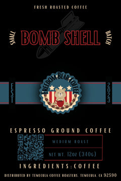 Flat Bomb Shell Light Roast Coffee label with Bomb Shell lettering and Freedom Bear crest