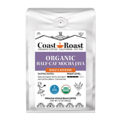 Coast Roast Organic Half-Caf Mocha Java Blend — 12-ounce Swiss Water half-caf mocha coffee bag — image 1