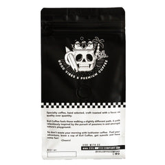 Reverse of an Evil Coffee bag with skull logo and printed information — Evil Coffee Deadline Medium Roast Coffee Blend