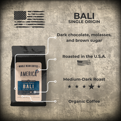 America Coffee Co. Organic Bali Kintamani Coffee origin, roast, and tasting profile graphic