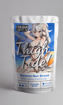 Silver Itasha Thigh Tide pouch showing the banana-nut-bread beach-themed artwork