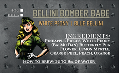 Bellini Bomber Babe White Peony Blue Bellini label with ingredients