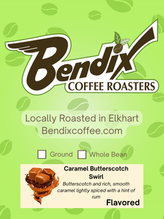 Green Bendix package-label graphic with the roaster logo — Bendix Caramel Butterscotch Swirl Coffee gallery