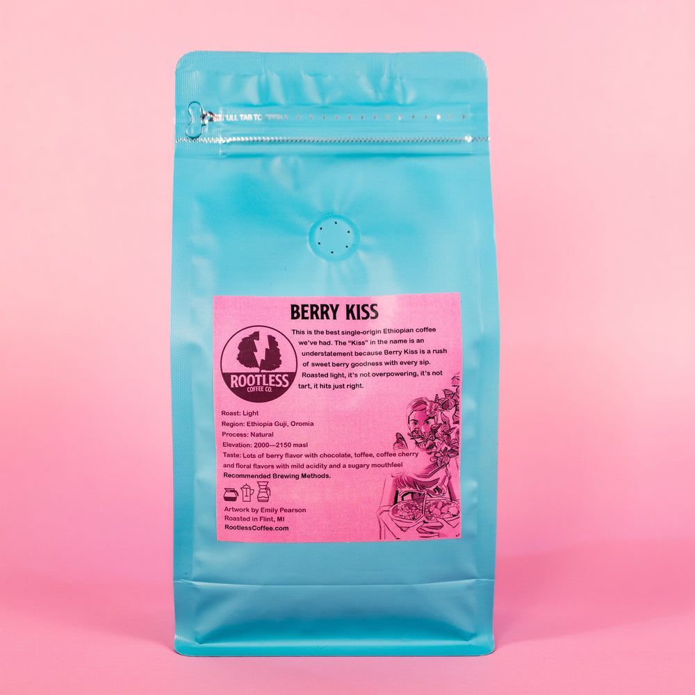 Bag of specialty roast coffee from Ethiopia with notes of Chocolate, Fruity