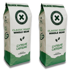 Two Black Insomnia Classic Roast whole-bean bags