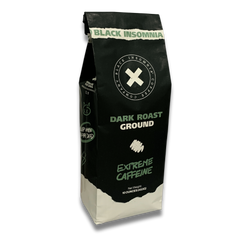 Front of Black Insomnia Dark Roast ground-coffee bag