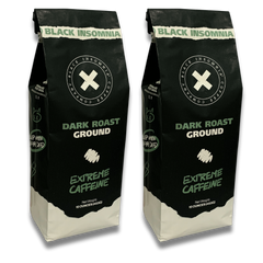 Two bags of Black Insomnia Dark Roast ground coffee