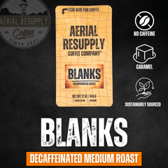 BLANKS decaf medium-roast product graphic with caramel flavor icon