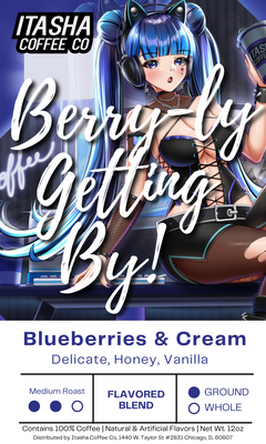 Berry-ly Getting By blueberries-and-cream label featuring a blue-haired anime character