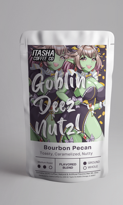 Silver Itasha Goblin Deez Nutz bag carrying the illustrated Podgekinn bourbon-pecan label
