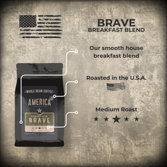 America Coffee Co. Brave Medium-Roast Breakfast Blend origin, roast, and tasting profile graphic