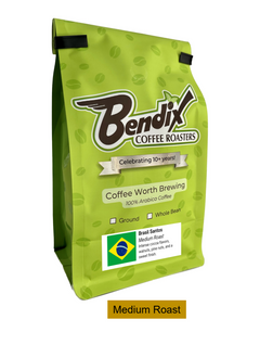 Front of green Bendix Brazil Bravo Coffee bag showing its product label