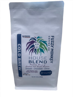 Front of Fuzzy Monkey House Blend cold-brew coffee pouch