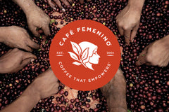 Fuzzy Monkey Peruvian Night Monkey Medium Coffee — Café Femenino emblem surrounded by hands and coffee cherries