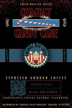 Flat Combat Candy Cane Flavored Coffee label with striped candy cane artwork and Freedom Bear crest