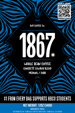 1867 Concrete Cowboy Medium-Dark Coffee Blend — coffee bag label
