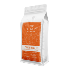 Cookie Monster coffee package with chocolate caramel cinnamon and hazelnut profile
