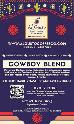 Cowboy Blend label with purple border and Southwest motifs — Al Gusto Cowboy Blend Medium-Dark Coffee