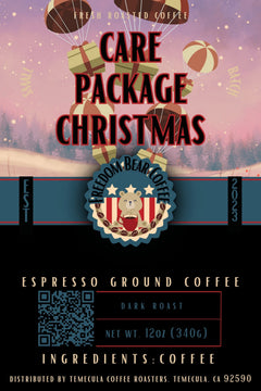 Flat Care Package Christmas Dark Roast label with pink holiday artwork and Freedom Bear crest