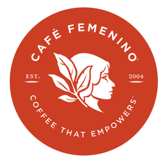 Fuzzy Monkey Sumatran Orangutan Dark Roast Coffee — orange Café Femenino emblem with a stylized flower