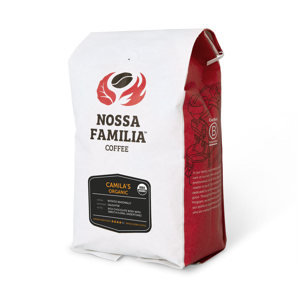 Bag of dark roast coffee from Blend with notes of Chocolate, Floral