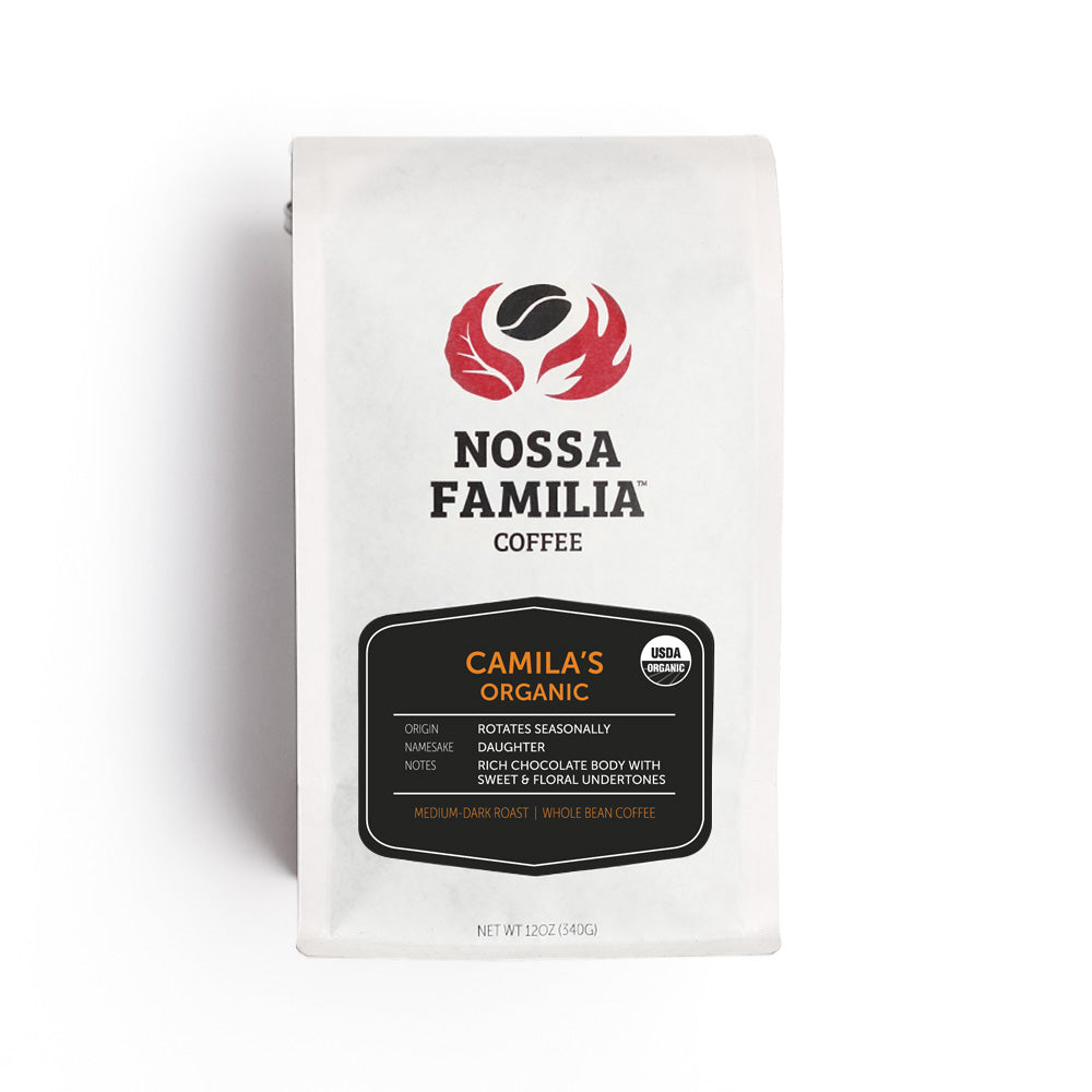 Bag of dark roast coffee from Blend with notes of Chocolate, Floral