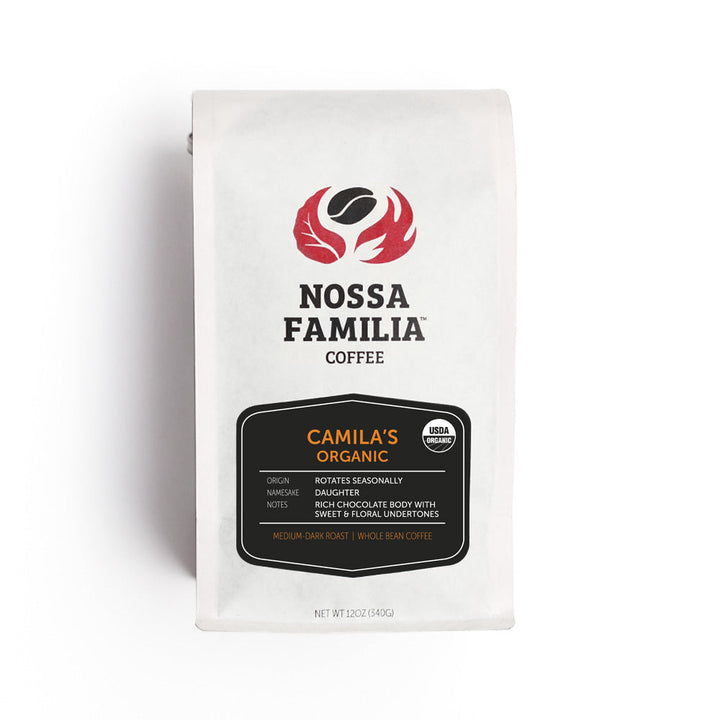 Bag of dark roast coffee from Blend with notes of Chocolate, Floral