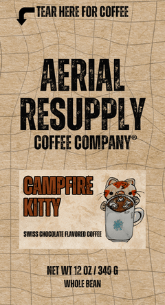 Front label of Campfire Kitty Swiss-chocolate-flavored coffee