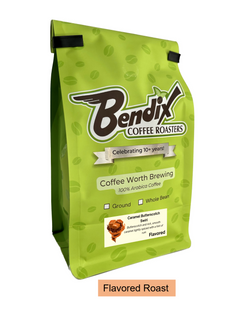 Front of green Bendix Caramel Butterscotch Swirl Coffee bag showing its product label