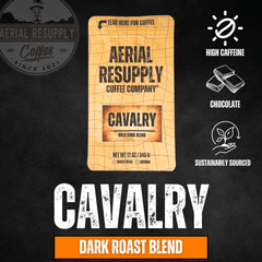Cavalry dark-roast product graphic with high-caffeine and chocolate icons