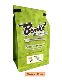 Front of green Bendix Chai-Spiced Flavored Coffee bag showing its product label