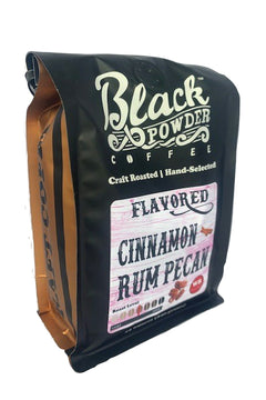 Angled Black Powder Cinnamon Rum Pecan coffee bag