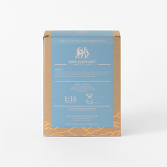 Back of the Pink Elephant Colombia Huila package with brewing illustrations