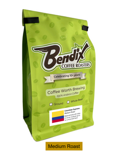 Front of green Bendix Colombian Supremo Medium Roast Coffee bag showing its product label