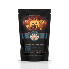 Freedom Bear Pumpkin Bomb Spice Flavored Coffee bag with orange jack-o-lantern artwork