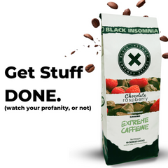 Black Insomnia Chocolate Raspberry Ground Coffee roast and flavor presentation