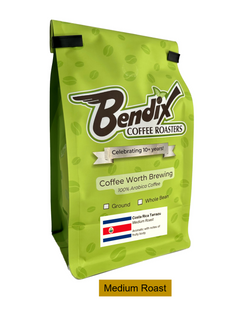 Front of green Bendix Costa Rica Tarrazu Medium Roast Coffee bag showing its product label