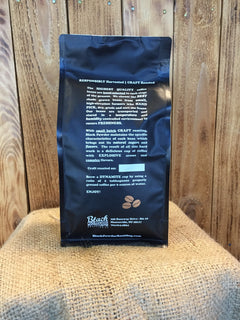 Back of Black Powder coffee bag with printed information