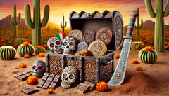 Decorative chest, chocolate, skulls and cactus illustration for Mexican Chocolate coffee