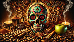 Decorative skull, cinnamon, green apple and coffee illustration for Haluan Mexico